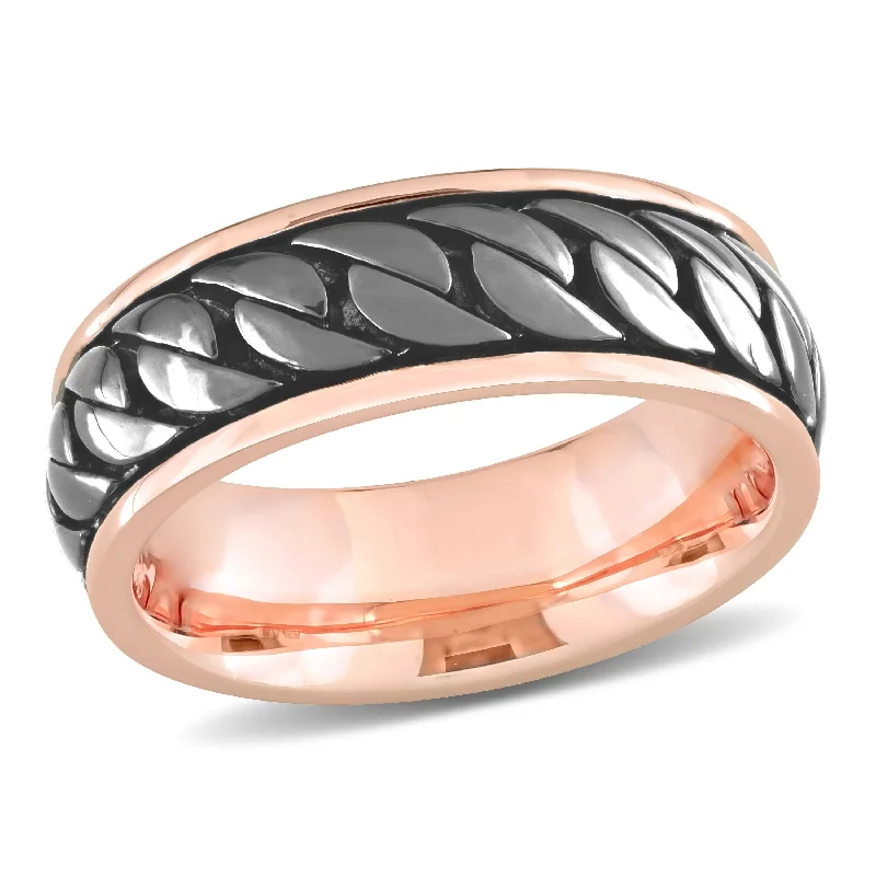 luxury wedding rings-Miadora Ribbed Design Mens Ring in Rose Silver with Black Rhodium Plating