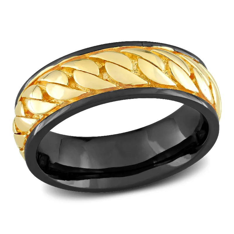 luxury fashion rings-Miadora Ribbed Design Mens Ring in Sterling Silver Black and Yellow