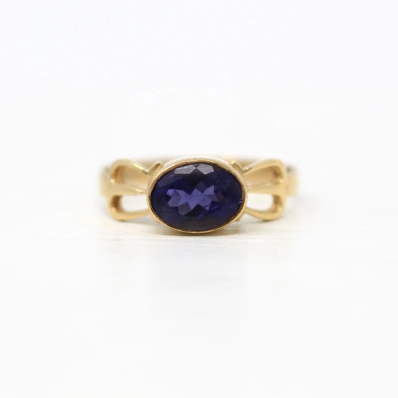 eternity rings for women-Sale - Modern Iolite Ring - Estate 9k Yellow Gold Genuine .98 CT Purple Violet Gem Edinburgh Hallmarks - Circa 1990s Size 7 Bow Fine Jewelry