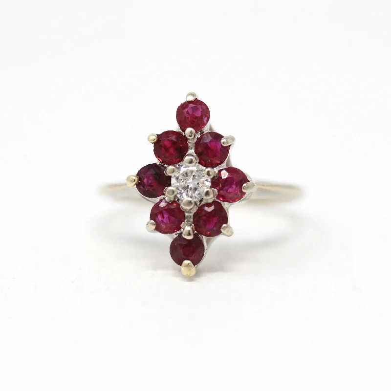 unique engagement rings-Sale - Modern Navette Ring - Estate 14k White Gold Marquise Cluster Glass Filled Ruby - Modern 2000's Size 5.25 Diamond .2 CT Fine Jewelry