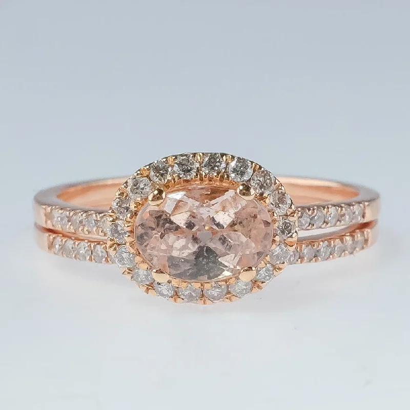 gold cocktail rings-New 14K Rose Gold 1.00ct Morganite & Diamond Accented Halo East West Bridal Set