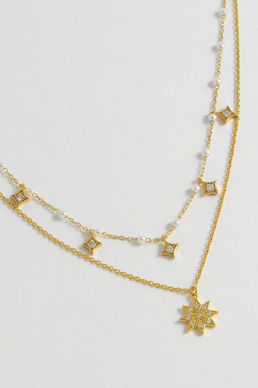 custom nameplate necklace -Pearl Star Double Chain Necklace