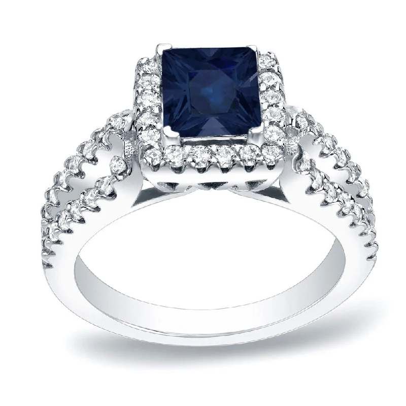 birthstone rings-Platinum Princess-Cut 1ct Blue Sapphire and 3/4ct TDW Diamond Halo Engagement Ring