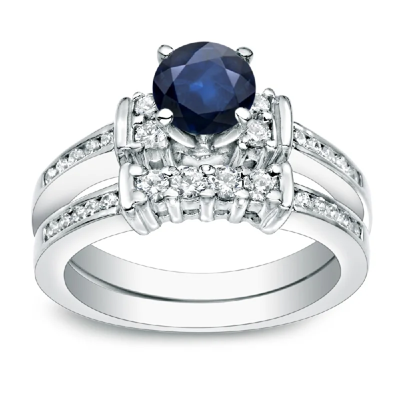 adjustable gemstone rings-Platinum Round 3/5ct Blue Sapphire and 2/5ct TDW Diamond Engagement Ring Set by Auriya