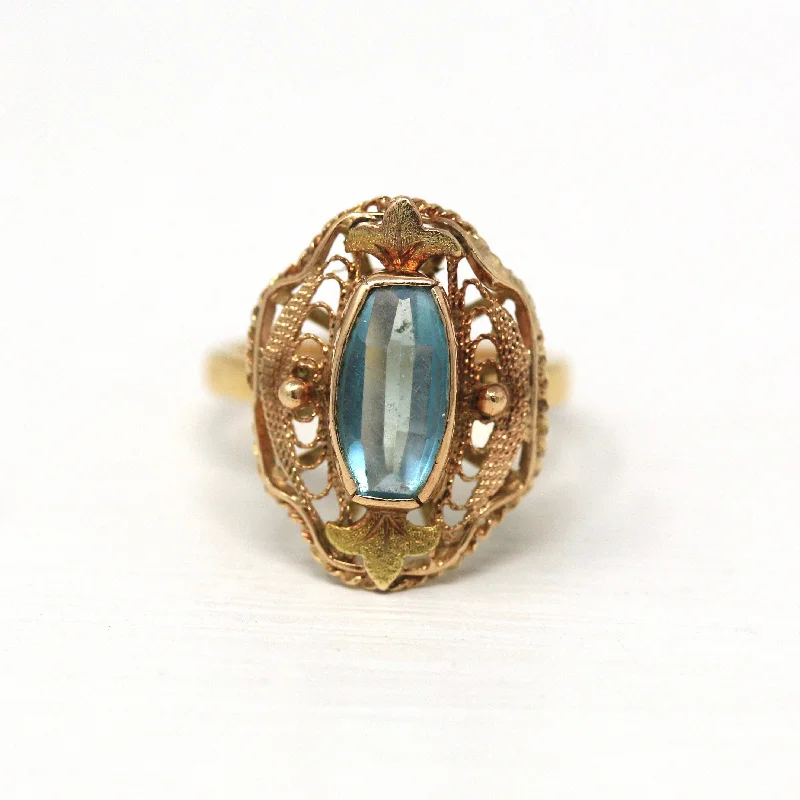 big gemstone rings-Sale - Retro Filigree Ring - Retro Era 18k Yellow Gold Simulated Aquamarine Ring - Vintage Circa 1940s Size 3.75 Statement Blue Fine Jewelry