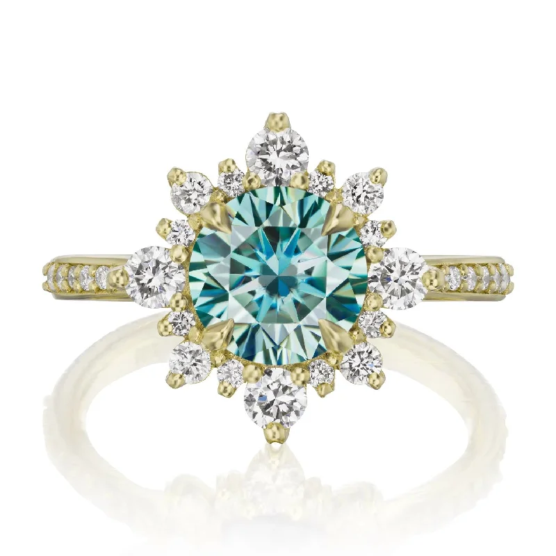 high-end engagement rings-・REYNA・Aqua-Teal Iconic™ Moissanite Center, Diamond Halo (1.93ctw+)