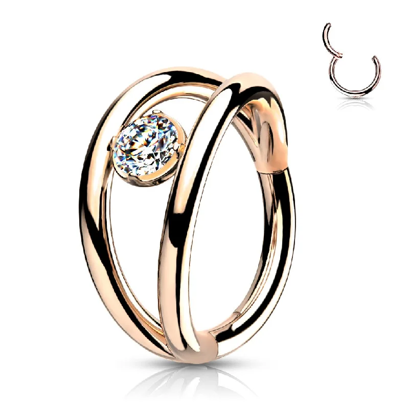 wedding ring sets-Rose Gold Jewelled Double Hoop Hinged Segment Ring - E504B