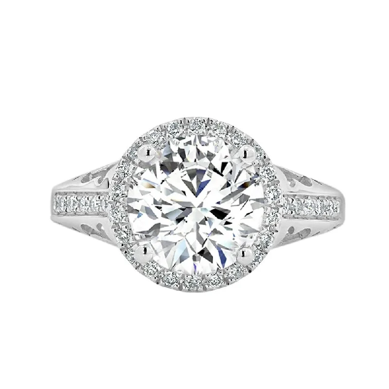 rose gold wedding bands-Round 1 1/3ct Moissanite and 1/5ct TDW Diamond Halo Engagement Ring