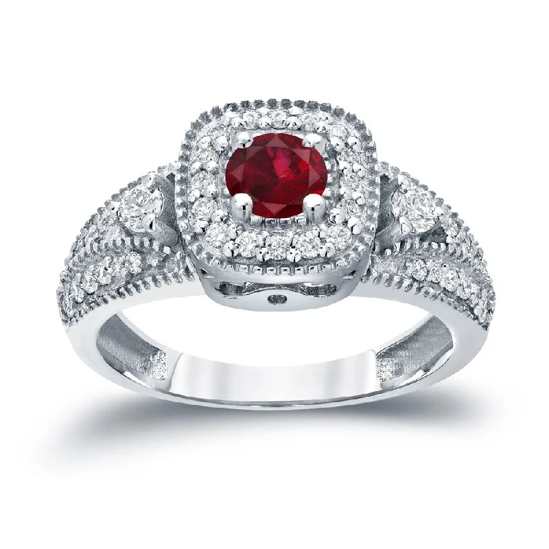 luxury engagement rings-Round 1/5ct Red Ruby and 2/5ct TDW Diamond Halo Engagement Ring in 14k Gold by Auriya