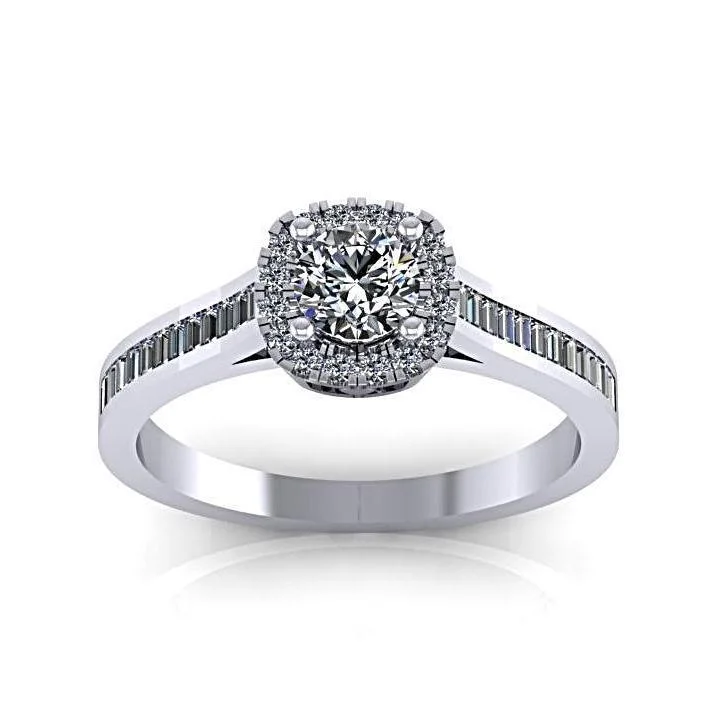 luxury wedding rings-Round Halo with Side Baguettes Diamond Engagement Ring 14K White Gold