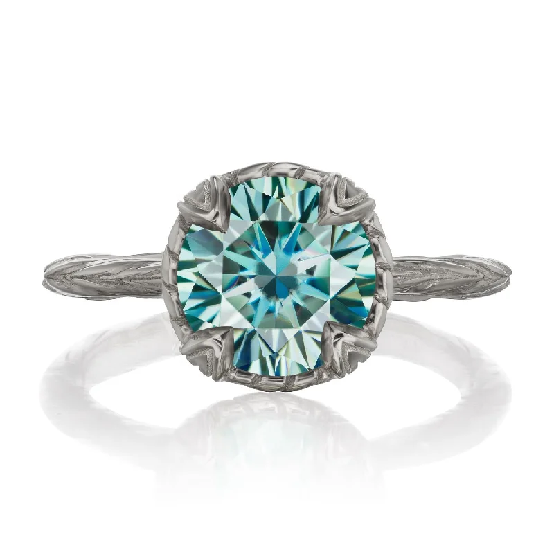 vintage engagement rings-・SIENNA・Aqua-Teal Iconic™ Moissanite, Willow Leaf Band (2ct)