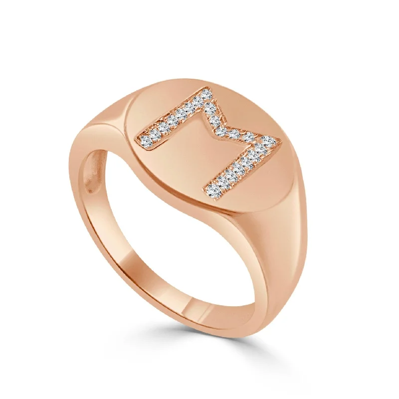 luxury fashion rings-Signet Ring Diamond Initial M 1/10 ct TDW 14k Gold by Joelle Jewelry