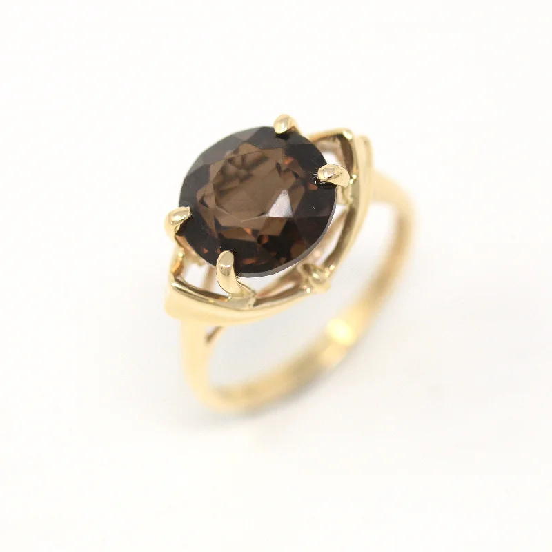 oval engagement rings-Sale - Smoky Quartz Ring - Retro 10k Yellow Gold Genuine Round Faceted 3.47 CT Brown Gem - Vintage Circa 1960s Size 6 1/2 Statement Jewelry