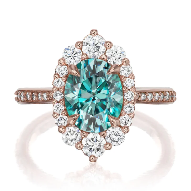 women’s wedding sets-・SOFIA・Oval Aqua-Teal Iconic™ Moissanite Center, Diamond Halo (2.65ctw+)