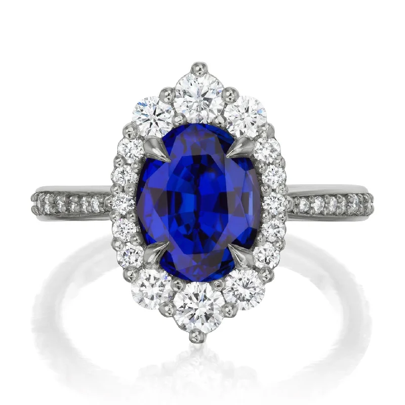 wedding rings for women with diamonds-・SOFIA・Oval Blue Sapphire Center, Diamond Halo (3.25ctw+)