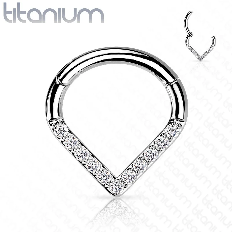 women’s fashion rings-Titanium High Polish Jewelled Hinged Septum/Daith Ring - TI-121