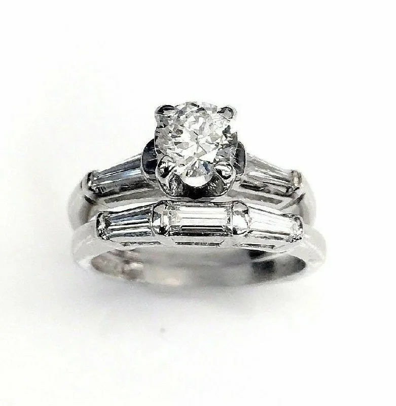 silver rings for men-Vintage 1.01 Carats t.w. Diamond Wedding Set Platinum&14K Gold 0.55 Carat Center