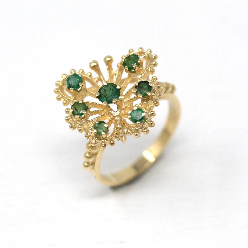 affordable wedding rings-Sale - Vintage Butterfly Ring - 10k Yellow Gold Genuine 1/2 CTW Emerald Gemstones - Size 5 3/4 Statement 70s Winged Bug 1970s Fine Jewelry