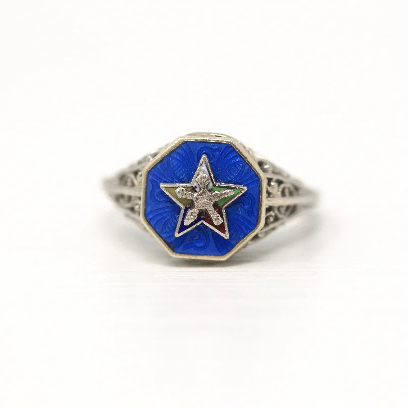 women’s chunky rings-Sale - Vintage OES Ring - Art Deco 10k White Gold Guilloche Enamel - Circa 1930s Era Size 3 3/4 Order Of The Eastern Star Filigree Jewelry