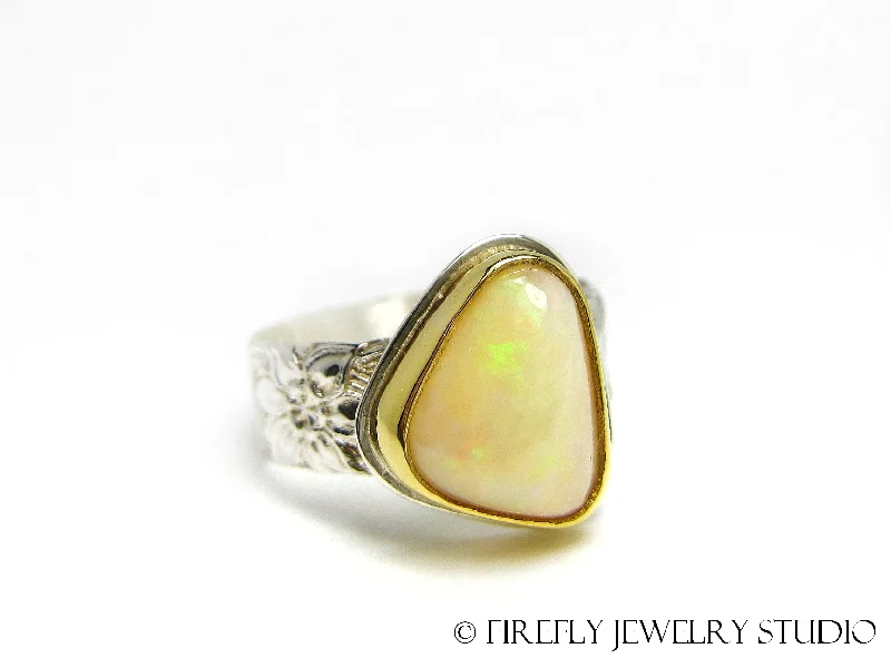 art deco engagement rings-White Australian Opal Ring in 24k Gold and Sterling Silver with Lily Band. Size 7.25