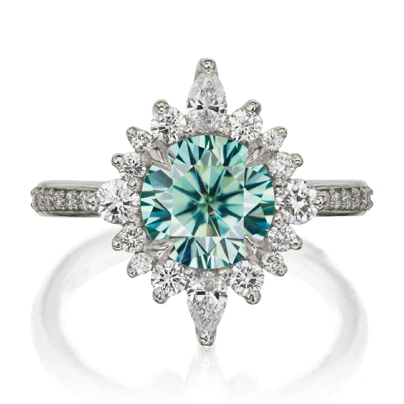 silver statement rings-・ZAHRA・Aqua-Teal Iconic™ Moissanite Center, Diamond Halo (1.98ctw+)