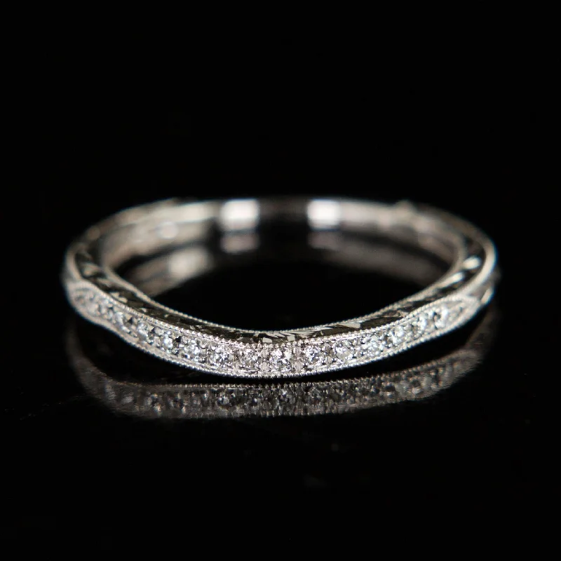 silver ring sets for women-Vintage Diamond Contour Ring with Hand Engraving | 14k White Gold