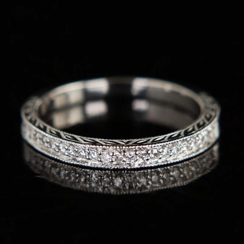 big gemstone rings-Vintage Diamond Band with Hand Engraving |18k White Gold