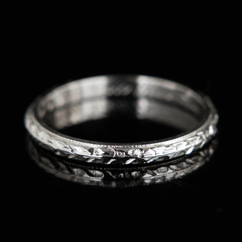 wedding bands for women-Antique Hand Engraved Band | 18k White Gold | circa 1920