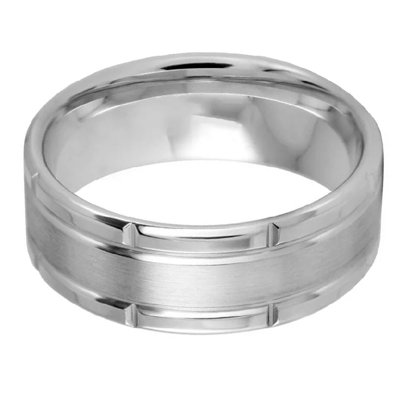 silver ring sets for women-Block Edge 8mm Wedding Ring