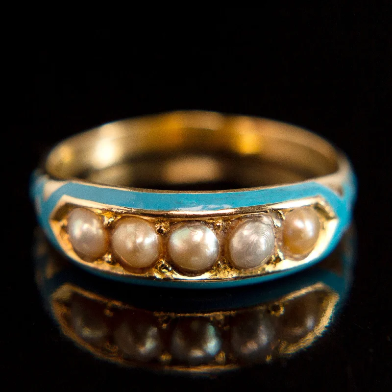 unique wedding bands-Blue Enamel + Pearl Ring | 14k Gold