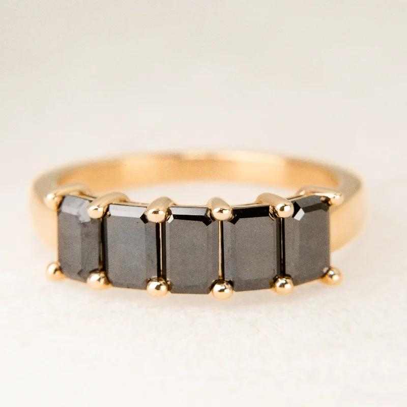 minimalist rings for women-Emerald Cut Black Diamond Half-Hoop in 14k Gold