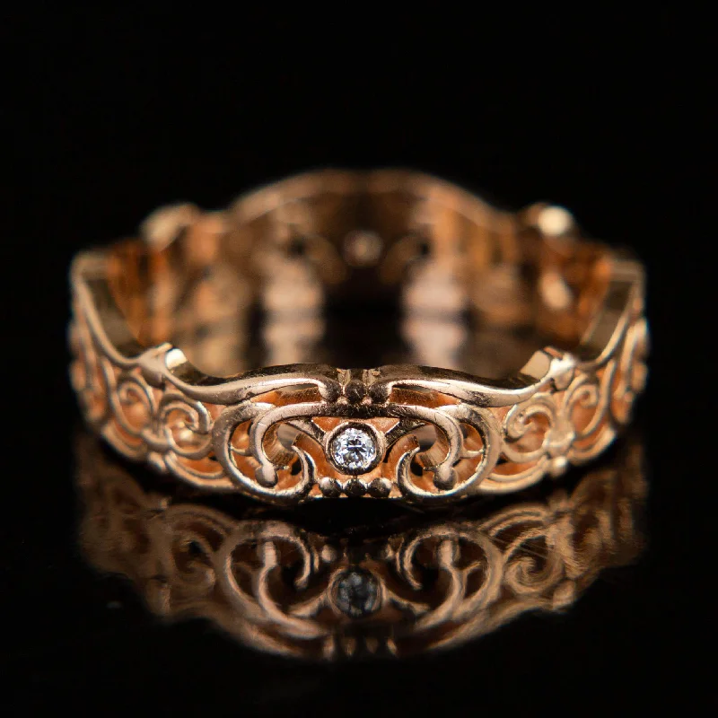 vintage wedding rings-Vintage Filligree & Diamond Band | 14k Gold