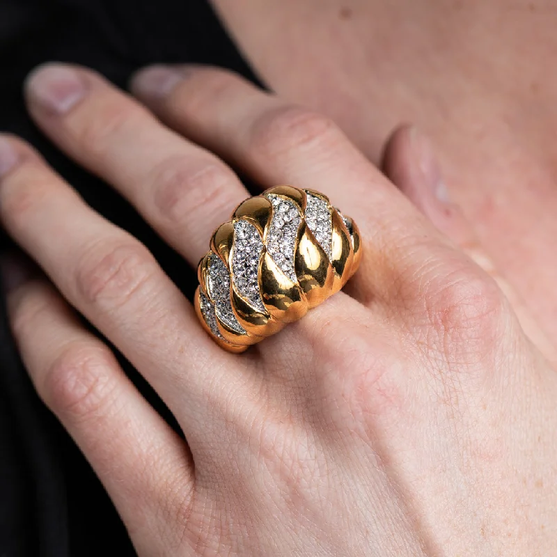 antique-style rings-Gold and Rhinestone Wave Dome Ring