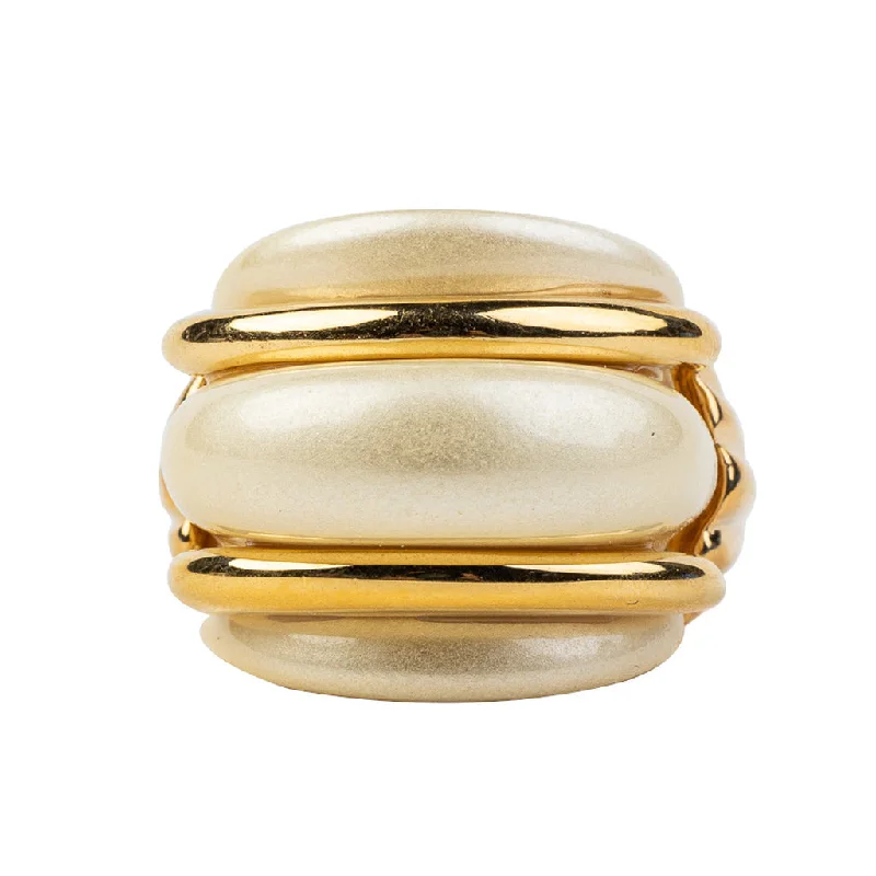 gold rings with sapphires-Gold and Pearl Double Ribbed Ring