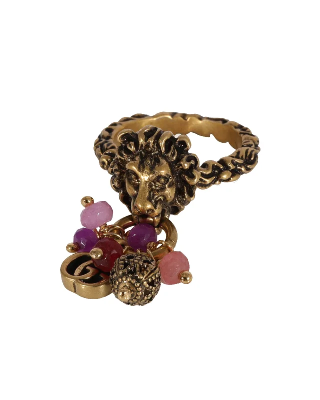 heart-shaped rings-Gucci Brass Tone Lion Head & Beaded Charm Ring with Marmot GG