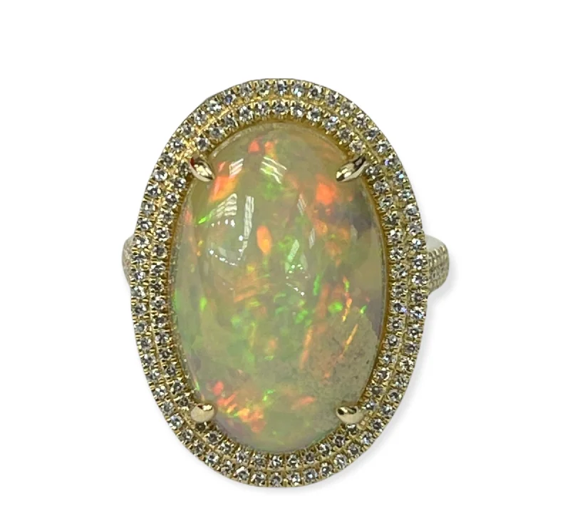 silver statement rings-Opal Gem Oval Halo Diamond Ring Yellow Gold 14KT