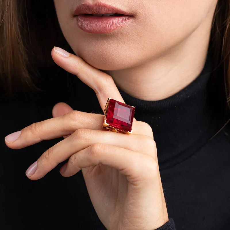 engagement rings with side stones-Ruby Square Stone Ring