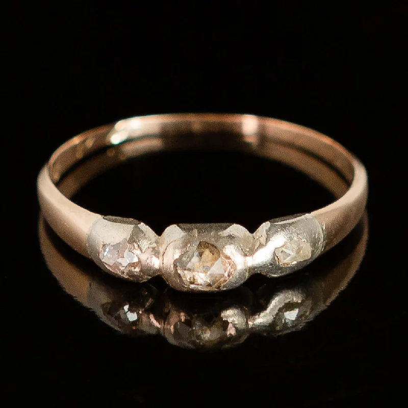 gold rings with diamonds-Late Georgian Trilogy Ring - Rose Cut Diamonds in 14k Gold + Sterling Silver c.1822