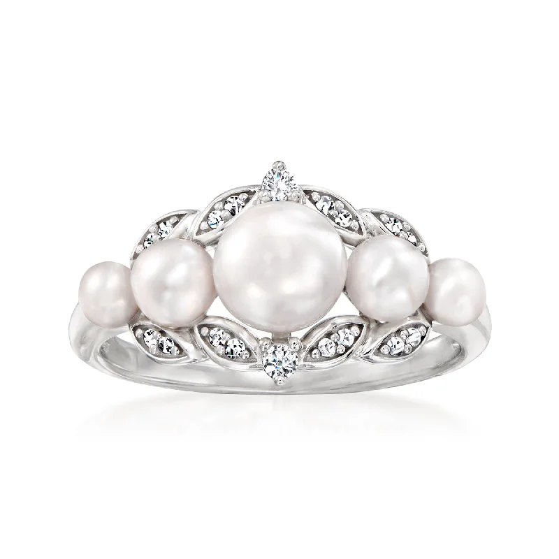 antique-style rings-Ross-Simons 3-6.5mm Cultured Pearl Ring With . Diamonds in Sterling Silver