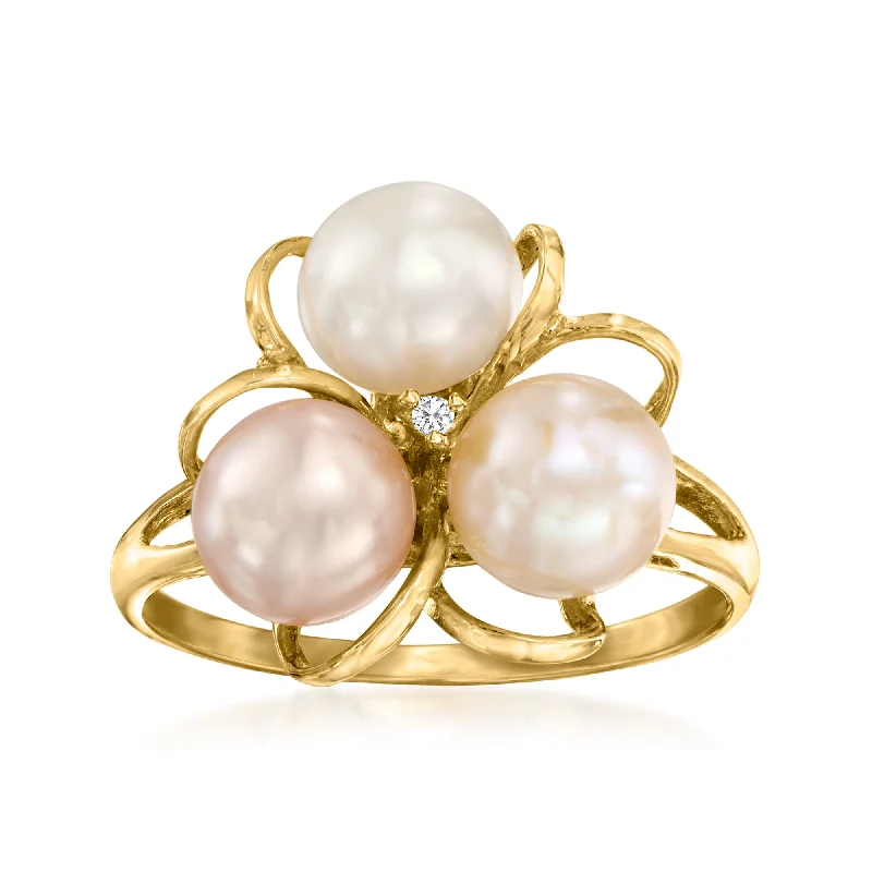 luxury fashion rings-Ross-Simons 6.5-7mm Multicolored Cultured Pearl Flower Ring With Diamond Accent in 18kt Gold Over Sterling