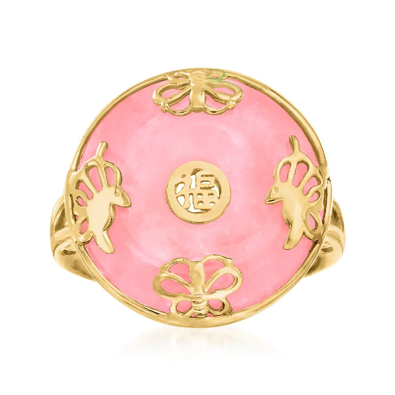 engagement rings with halos-Ross-Simons Pink Jade "Good Fortune" Butterfly Ring in 18kt Gold Over Sterling