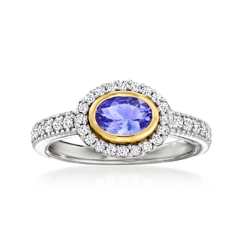 gold rings with sapphires-Ross-Simons Tanzanite and . White Zircon Ring in Sterling Silver and 14kt Yellow Gold