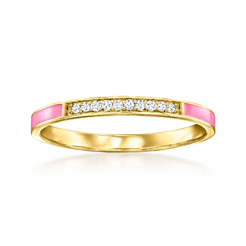 silver promise rings-RS Pure by Ross-Simons Pink Enamel and Diamond-Accented Ring in 14kt Yellow Gold