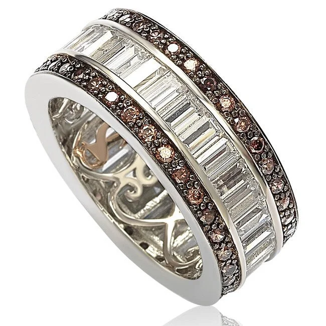 men’s wedding bands-Suzy Levian Sterling Silver Cubic Zirconia Brown and White Baguette Eternity Band