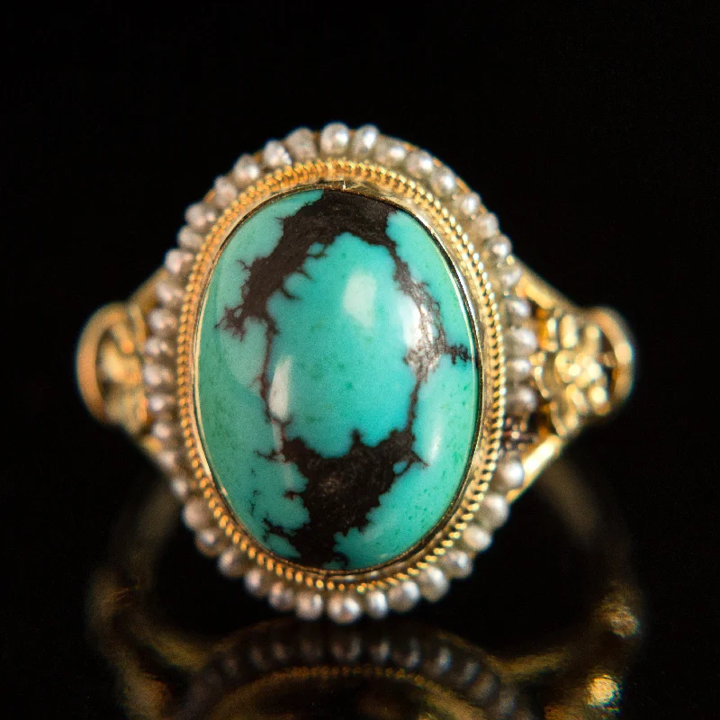 fashion rings for men-Turquoise Cabochon + Seed Pearl Halo Ring | 14k Gold