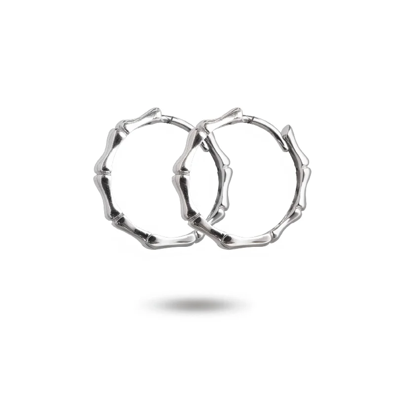 minimalist stud earrings for women -14K White Gold Bamboo Hoop Earrings