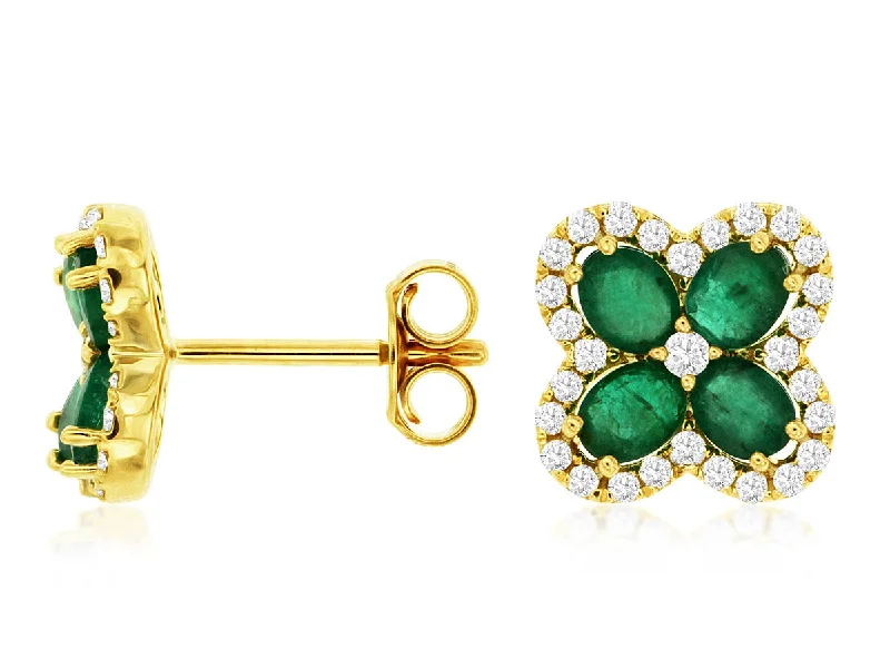 trendy heart stud earrings for girls -Emerald and Diamond Clover Gold Stud Earrings