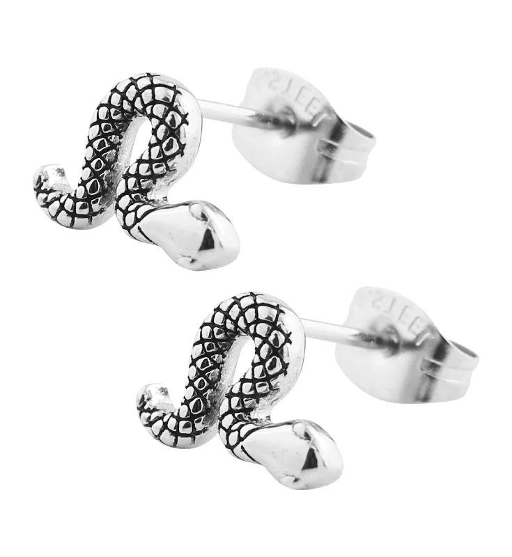 elegant stud earrings for formal events -Etched Snake Stainless Steel Stud Earrings