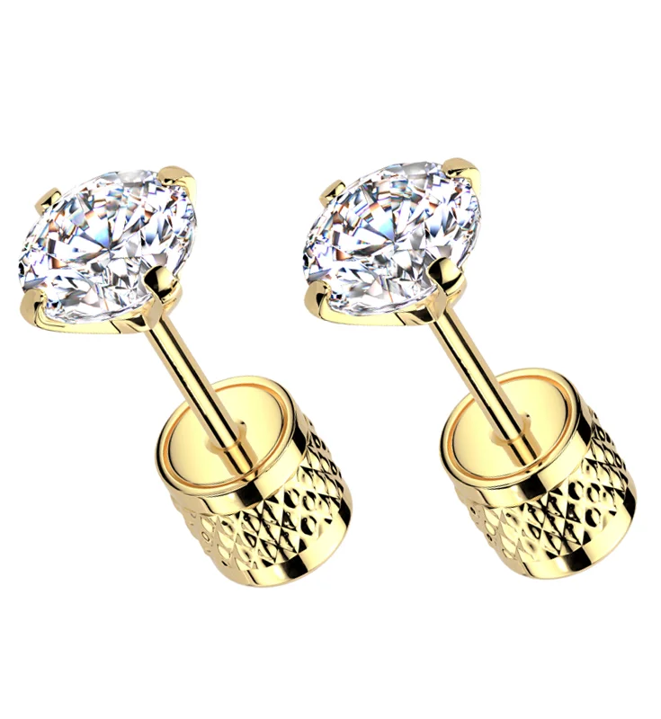 diamond stud earrings for women -Gold PVD Prong Clear CZ Stainless Steel Textured Cylinder Back Stud Earrings