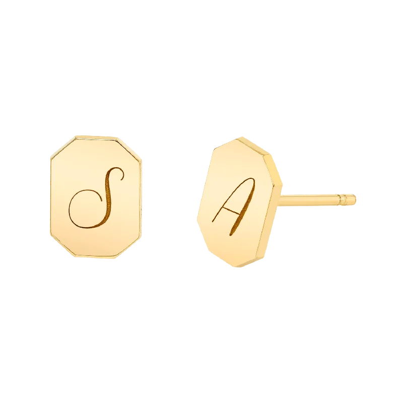 men’s gold stud earrings -Engravable Initial Tag Earrings